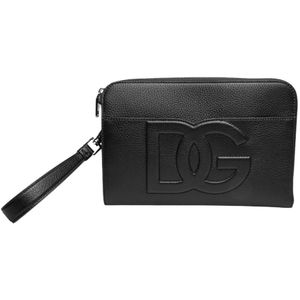 Dolce & Gabbana, Tassen, Heren, Zwart, ONE Size, Leer, Zwarte Clutch van Hertenleer met Logo