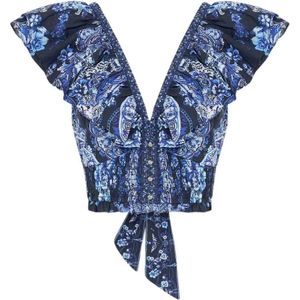 Camilla, Tops, Dames, Blauw, S, Katoen, Blauwe Frill Top Middernacht Elegantie