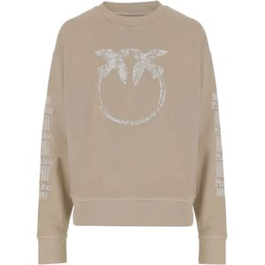 Pinko, Sweatshirts & Hoodies, Dames, Beige, XS, Katoen, Katoen Crew Neck Logo Sweatshirt Beige