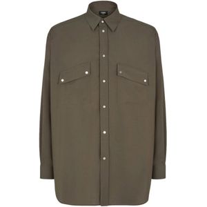 Fendi, Overhemden, Heren, Groen, M, Wol, Wollen overhemd met logo-knopen