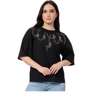 Jijil, Tops, Dames, Zwart, XL, Katoen, Zwarte T-shirts en Polos met Strass Patroon