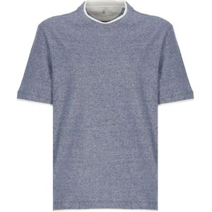 Brunello Cucinelli, Tops, Heren, Blauw, 2Xl, Katoen, T-shirt met ronde hals van linnen en katoenen jersey met faux layering