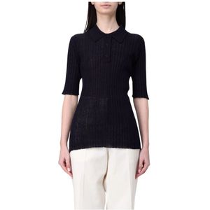 Fabiana Filippi, Truien, Dames, Blauw, XS, Linnen, Blauwe Geribbelde Gebreide Poloshirt