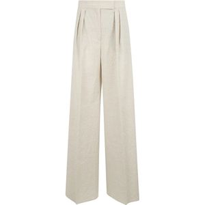 Max Mara, Broeken, Dames, Beige, L, Wol, Wijde Pijp Wollen Broek