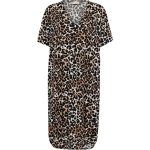 Freequent, Kleedjes, Dames, Zwart, M, Polyester, Luipaardprint Midi Jurk Simply Taupe