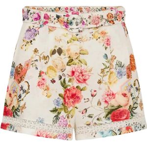 Camilla, Korte broeken, Dames, Veelkleurig, S, Linnen, Bloemen hoge taille shorts met kanten afwerking