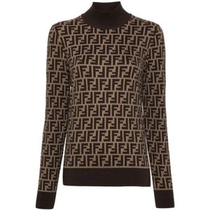 Fendi, Truien, Dames, Bruin, S, Katoen, FF Cotton Knit Turtleneck Sweater