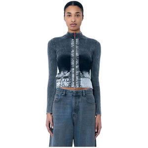Diesel, Truien, Dames, Zwart, XS, Katoen, Geribbelde Melissa Cardigan met Ritssluiting