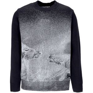 Iuter, Truien, Heren, Zwart, M, Katoen, Zwarte Crewneck Sweater met Geribbelde Details