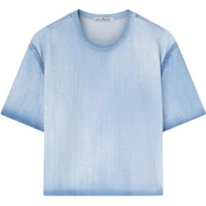 Ermanno Scervino, Tops, Dames, Blauw, 2Xs, Katoen, Jeans Print Kant Detail T-shirt