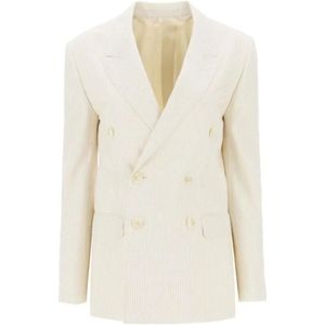 Celine, Jassen, Dames, Beige, M, Wol, Gestreepte Double-Breasted Wollen Jas