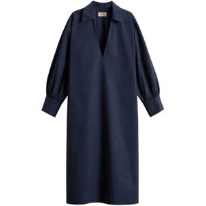 Woolrich, Kleedjes, Dames, Blauw, XS, V-hals Jurk met Lange Mouwen