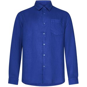 Vilebrequin, Overhemden, Heren, Blauw, M, Linnen, Blauw linnen overhemd met schildpadborduursel