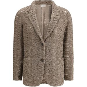 Brunello Cucinelli, Jassen, Dames, Bruin, L, Linnen, Linnen Blazer met Pailletten