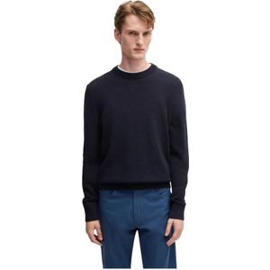 Hugo Boss, Truien, Heren, Blauw, M, Katoen, Katoenen Trui met Lange Mouwen en Ribstructuur