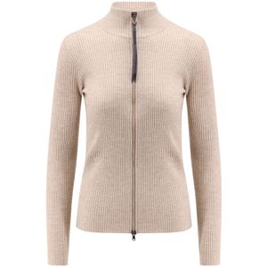 Brunello Cucinelli, Truien, Dames, Roze, XL, Polyester, Luxe Cardigan met Ritssluiting en Monile Detail