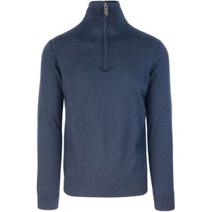 Paolo Pecora, Truien, Heren, Blauw, XL, Wol, Blauwe Wol Slim Fit Half-Zip Sweater