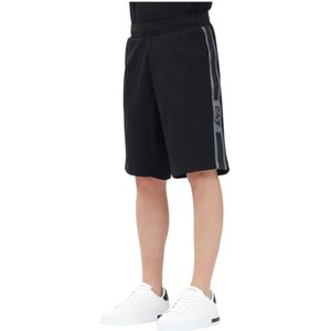 Emporio Armani Ea7, Korte broeken, Heren, Zwart, L, Katoen, Sportieve Zwarte Shorts met Logostreep