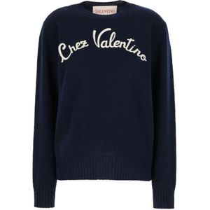 Valentino, Truien, Heren, Blauw, S, Wol, Geborduurde Logo Sweatshirts en Hoodies