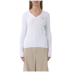 Polo Ralph Lauren, Truien, Dames, Wit, L, Katoen, Witte Cable Knit V-Neck Sweater