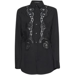 Dolce & Gabbana, Blouses & Shirts, Dames, Zwart, S, Katoen, Zwart Kant Intarsia Overhemd