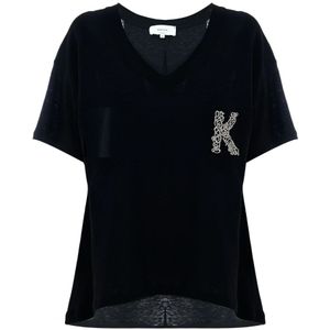 Kocca, Tops, Dames, Zwart, S, Linnen, Geborduurde V-hals Linnen T-shirt
