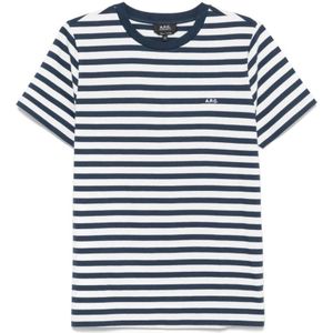A.p.c., Tops, Heren, Blauw, XL, Katoen, Blauw Gestreept Logo T-Shirt Katoen Man
