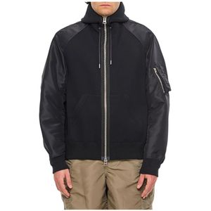 Sacai, Sweatshirts & Hoodies, Heren, Zwart, L, Nylon, Capuchon Nylon Jas Ritssluiting Zwart