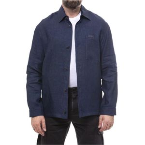 Fay, Jassen, Heren, Blauw, L, Linnen, Vervaagde Linnen Overhemdjasje met Zakken