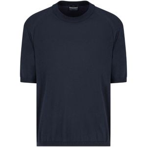 Emporio Armani, Truien, Heren, Blauw, M, Katoen, Nachtblauwe Gebreide Trui met Korte Mouwen