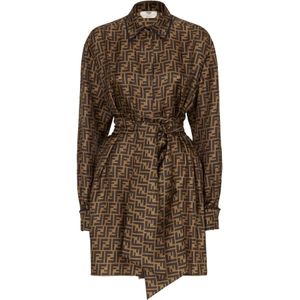 Fendi, Kleedjes, Dames, Bruin, M, Signature FF-patroon Print Jurk