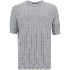 Brunello Cucinelli, Truien, Heren, Grijs, L, Linnen, Geribbeld Linnen T-shirt