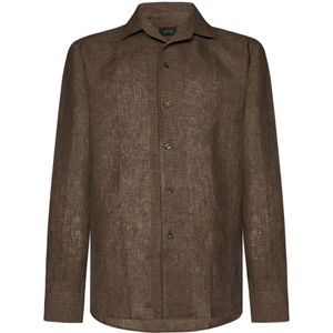 Brioni, Overhemden, Heren, Bruin, XL, Linnen, Elegante Bruine Capri Kraag Linnen Overhemd