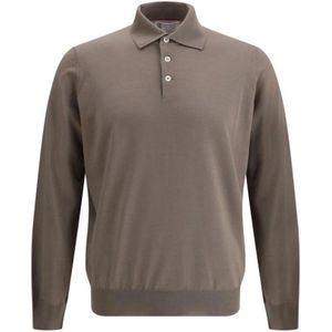 Brunello Cucinelli, Tops, Heren, Bruin, L, Wol, Gebreide Kraag Wol Polo Shirt