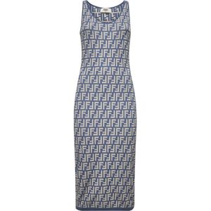 Fendi, Kleedjes, Dames, Blauw, XS, Katoen, Blauwe Jacquard Gebreide Jurk