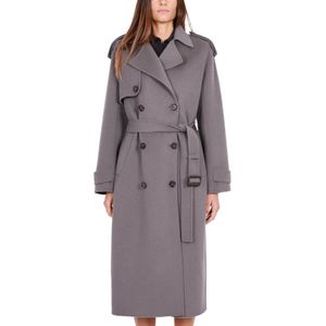 Elisabetta Franchi, Mantels, Dames, Grijs, L, Wol, Grijze Wollen Lange Double-Breasted Jas