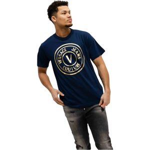 Versace Jeans Couture, Tops, Heren, Blauw, S, Katoen, V-Emblem T-Shirt Heren Donkerblauw/Goud