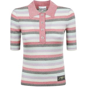 Ganni, Truien, Dames, Veelkleurig, L, Gestreepte Roze Polo met Fonkelende Ribbels