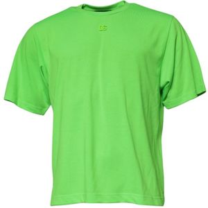 Dolce & Gabbana, Tops, Heren, Groen, 2Xl, Polyester, Neon Green Logo Crew Neck T-shirt