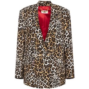 Elisabetta Franchi, Jassen, Dames, Bruin, S, Animalprint Double-Breasted Jas met Brede Revers