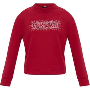 Versace, Sweatshirts & Hoodies, Dames, Rood, M, Katoen, Sweatshirt met glinsterende kristallen