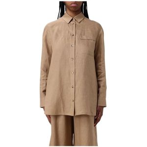 Max Mara, Blouses & Shirts, Dames, Bruin, S, Linnen, Elegante Kameel Linnen Overhemd