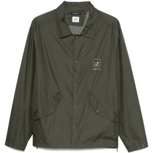C.p. Company, Jassen, Heren, Groen, M, Polyester, Khaki Button-Up Jas met Zakken aan de Voorkant