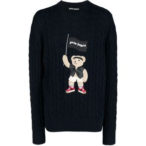 Palm Angels, Truien, Heren, Blauw, M, Katoen, Pirate Bear Kabel Gebreide Trui