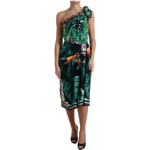 Dolce & Gabbana, Kleedjes, Dames, Groen, S, Tropische Jungle One-Shoulder Jurk