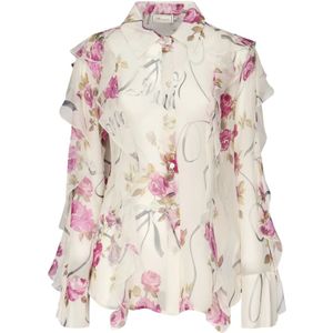 Blumarine, Blouses & Shirts, Dames, Beige, S, Bloemenzijden overhemd met ruches