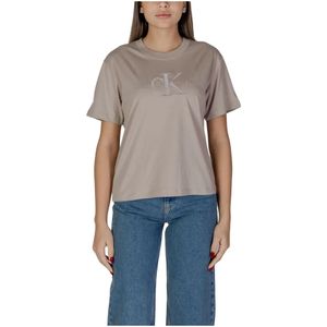 Calvin Klein Jeans, Tops, Dames, Beige, M, Katoen, Beige Plain Cotton Tee Short Sleeve