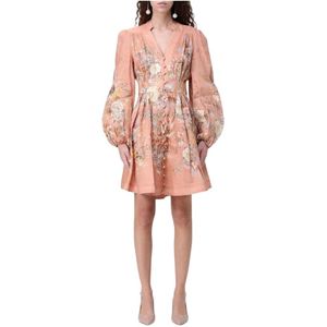 Zimmermann, Kleedjes, Dames, Roze, S, Linnen, Bloemenprint Linnen Mini Jurk Elegante Stijl