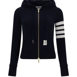 Thom Browne, Sweatshirts & Hoodies, Dames, Blauw, S, Katoen, 4-Bar Zip Hoodie in Loopback Stof