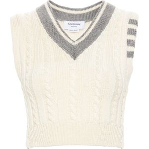 Thom Browne, Truien, Dames, Wit, XS, Cable Stitch V-Neck Pullover